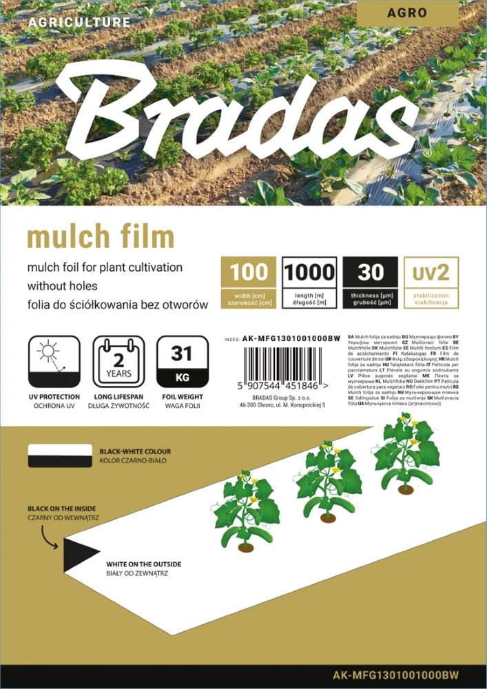 Mulčiavimo folija Bradas, 1 x 1000 m, juoda/balta