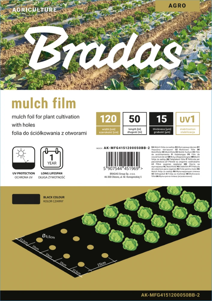 Mulčiavimo folija su skylutėmis Bradas, 1,2x50 m, juoda