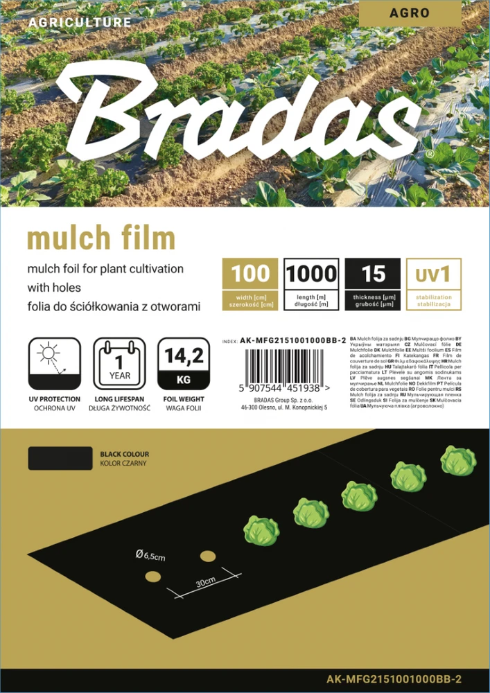 Mulčiavimo folija su skylutėmis Bradas, 1x1000 m, juoda