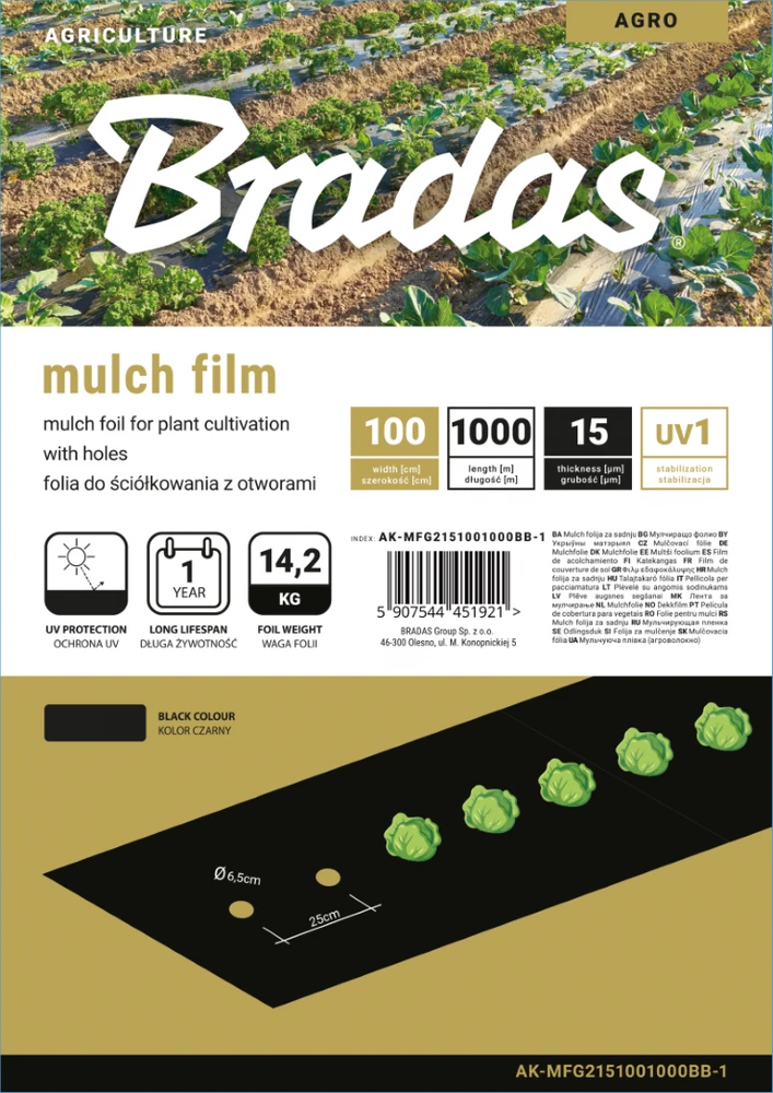 Mulčiavimo folija su skylutėmis Bradas, 1x1000 m, juoda