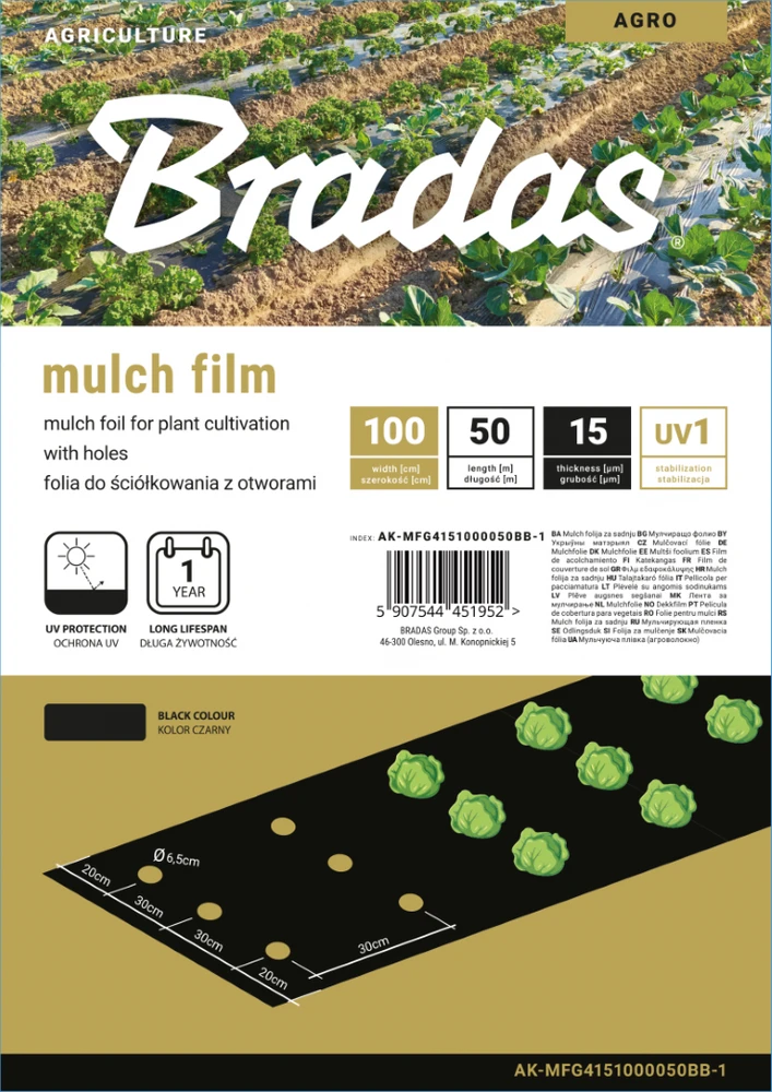 Mulčiavimo folija su skylutėmis Bradas, 1x50 m, juoda