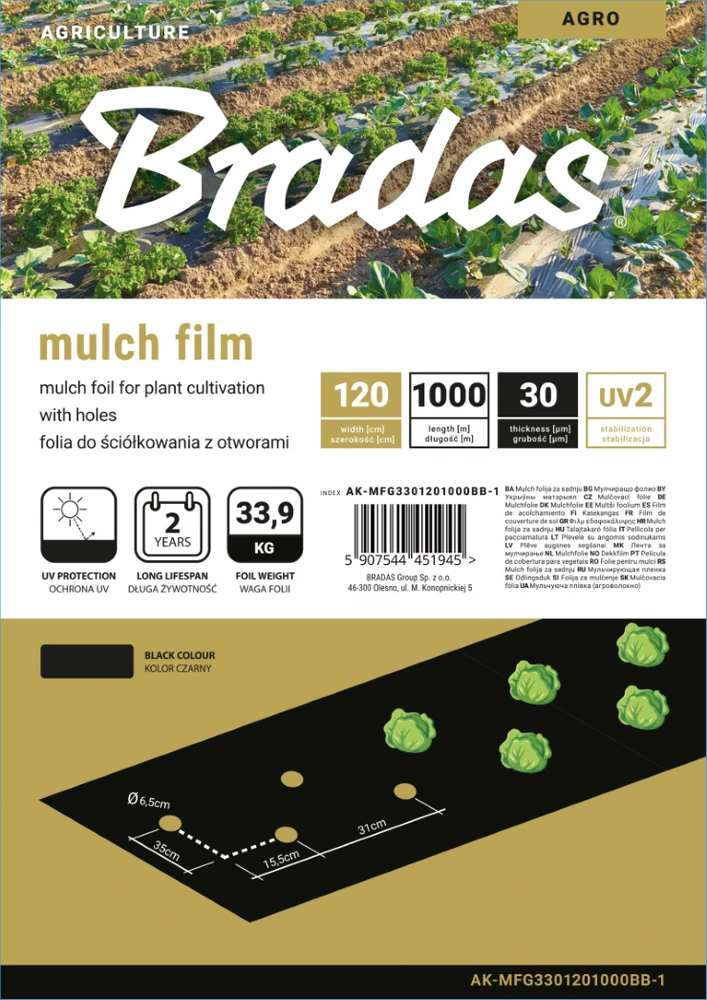Mulčiavimo folija su skylutėmis Bradas, 1,2x1000 m, juoda