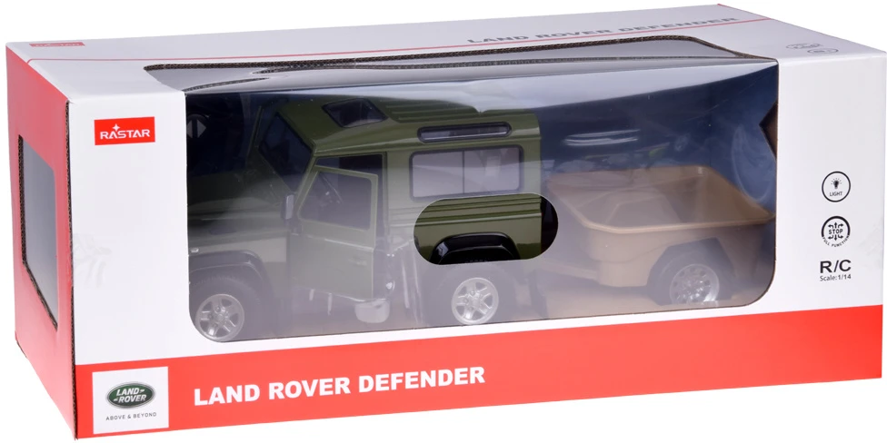 Nuotoliniu būdu valdomas automobilis Land Rover Defender su priekaba, žalia