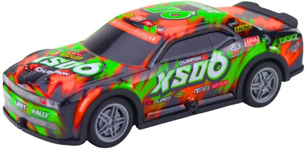 Nuotoliniu būdu valdomas sportinis automobilis su šviečiančiu kėbulu, oranžinis/žalias