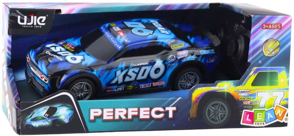 Nuotoliniu būdu valdomas sportinis automobilis su šviečiančiu kėbulu, mėlynas/juodas