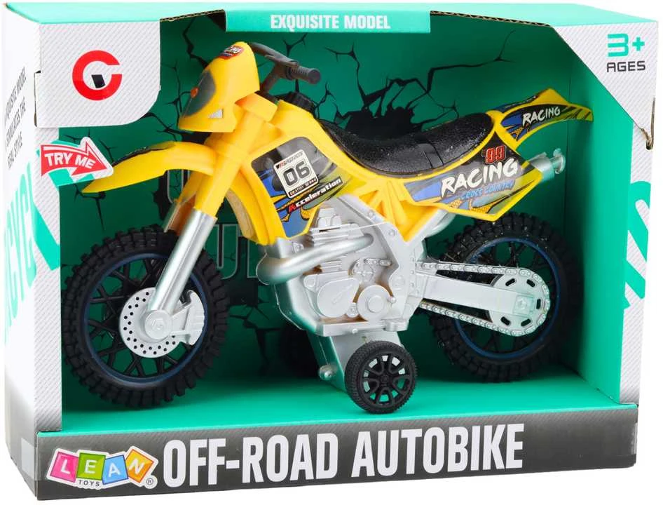 Off-Road krosinis motociklas su šviesos ir garso efektais, geltonas