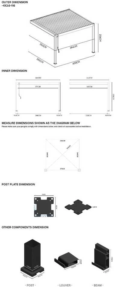 Pavėsinė Pergola DELUXE WALL 3.6x4, Anthracite (montuojama prie sienos)