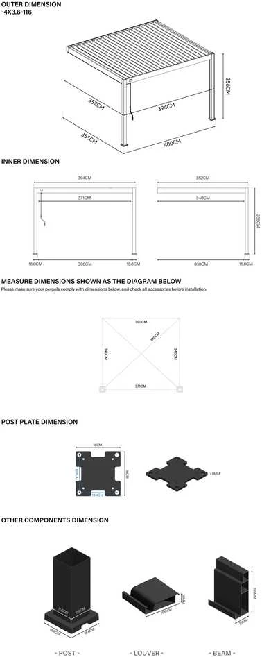 Pavėsinė Pergola DELUXE WALL 3.6x4, Baltas (montuojama prie sienos)