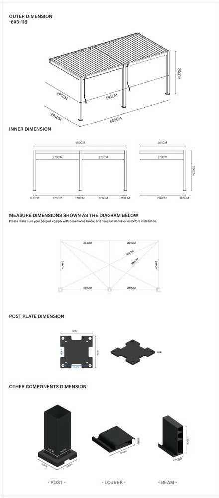 Pavėsinė Pergola ELEGANCE WALL 3x6, Anthracite, montuojama prie sienos