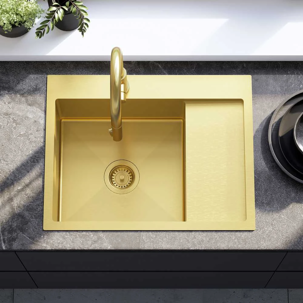 Plieninė virtuvinė plautuvė Rea Fin su maišytuvu, Brushed Gold