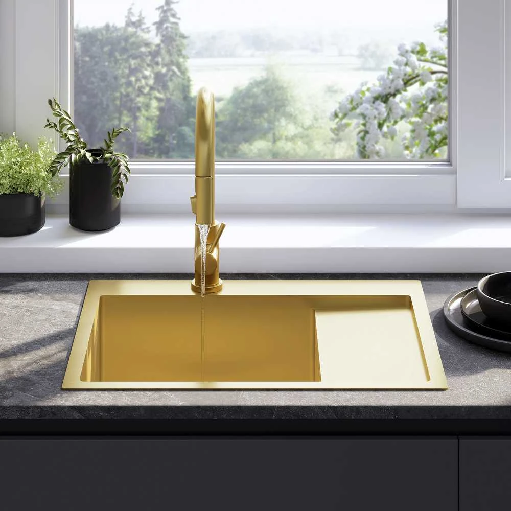 Plieninė virtuvinė plautuvė Rea Fin su maišytuvu, Brushed Gold
