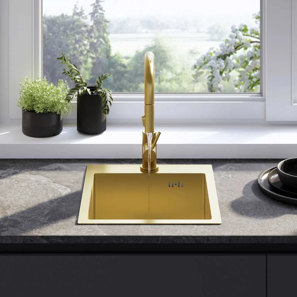 Plieninė virtuvinė plautuvė Rea Leo 40 su maišytuvu, Brushed Gold
