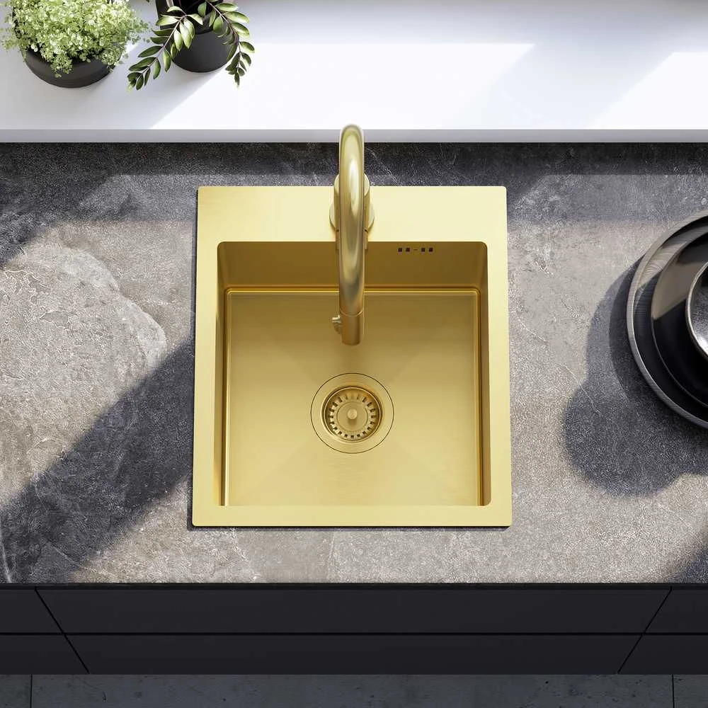 Plieninė virtuvinė plautuvė Rea Leo 40 su maišytuvu, Brushed Gold