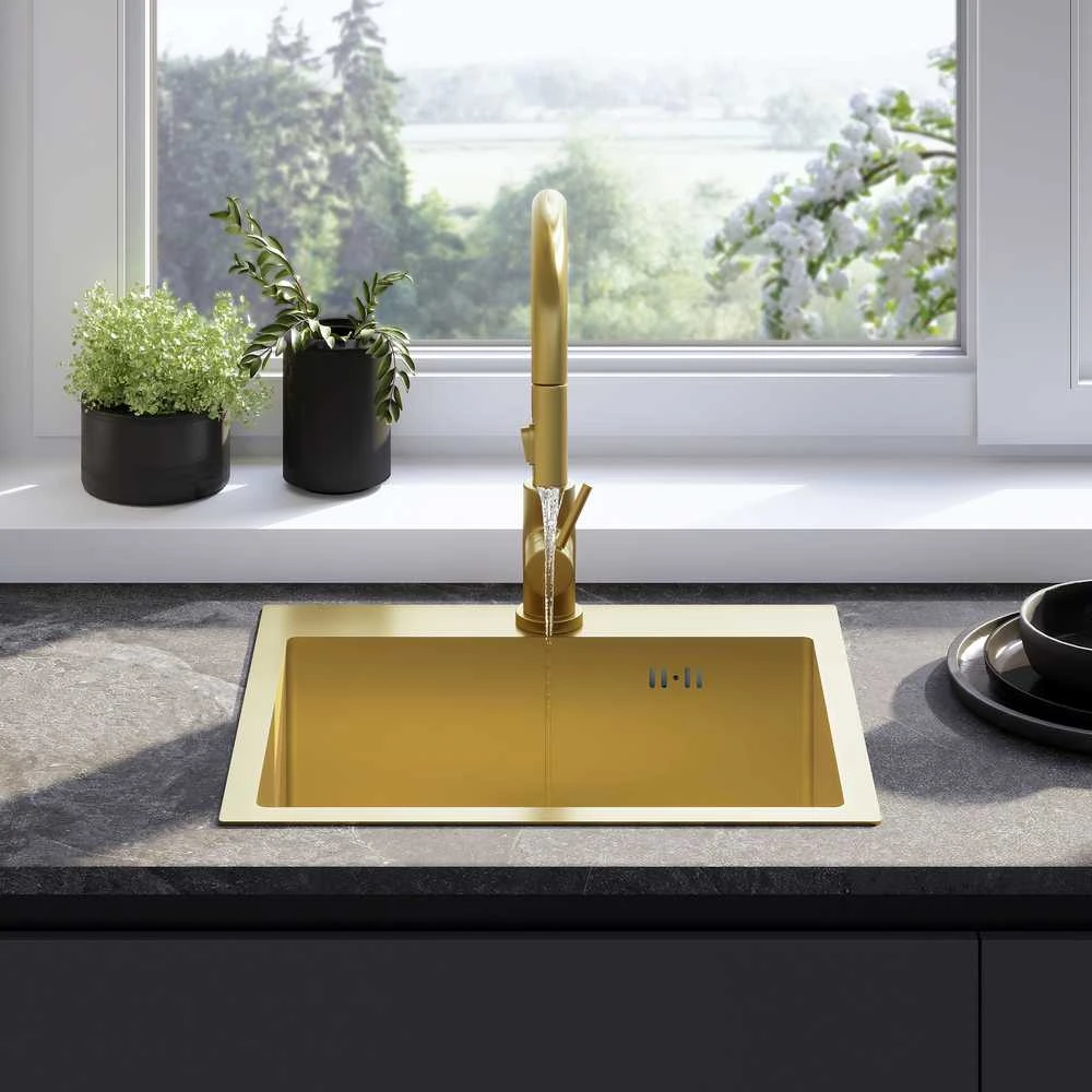 Plieninė virtuvinė plautuvė Rea Leo 50, Brushed Gold