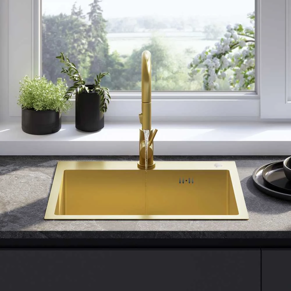 Plieninė virtuvinė plautuvė Rea Liam su maišytuvu, Brushed Gold