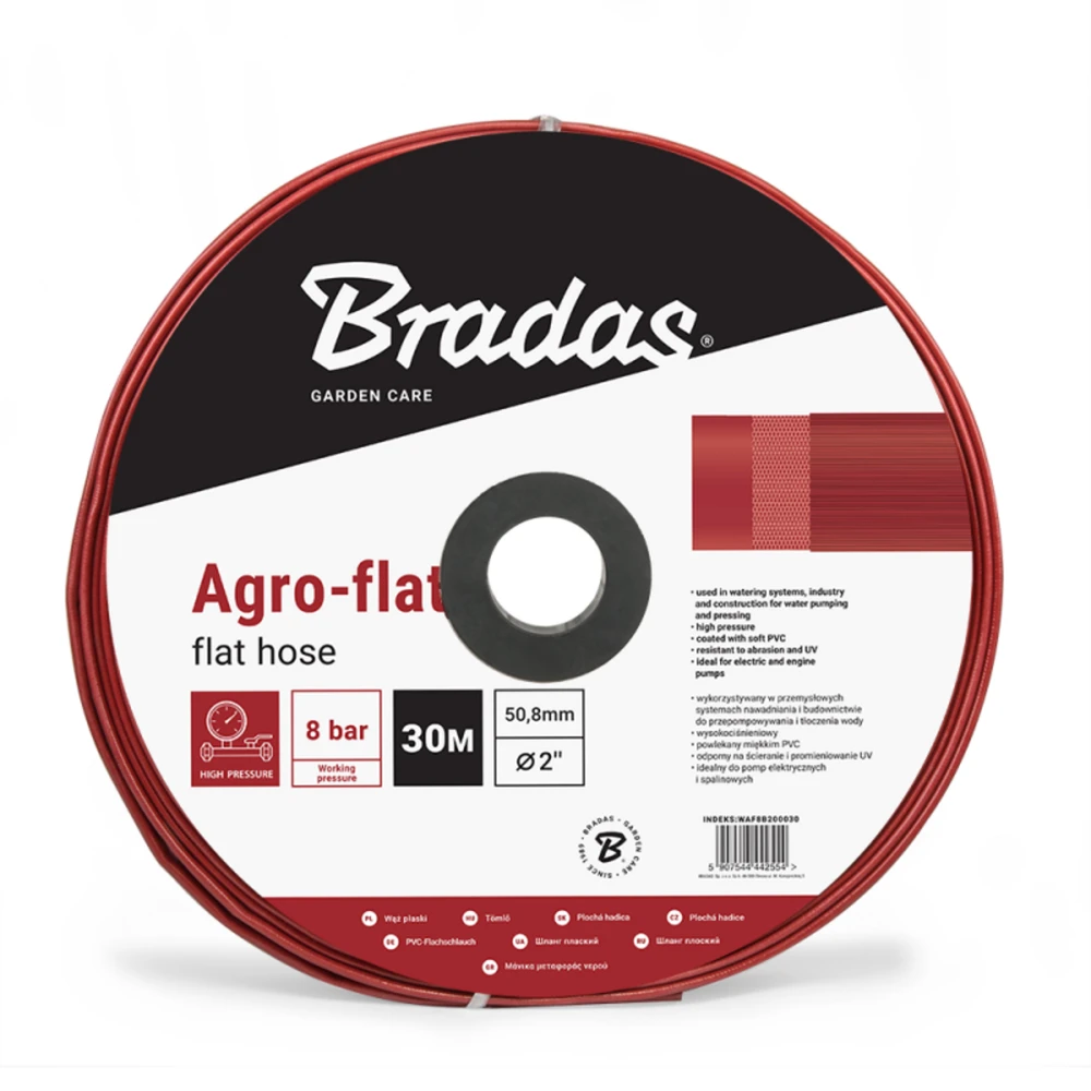 Plokščia vandens žarna Bradas AGRO-FLAT PVC, W.P.7 / B.P.21 Bar, 3- 30m, Raudona