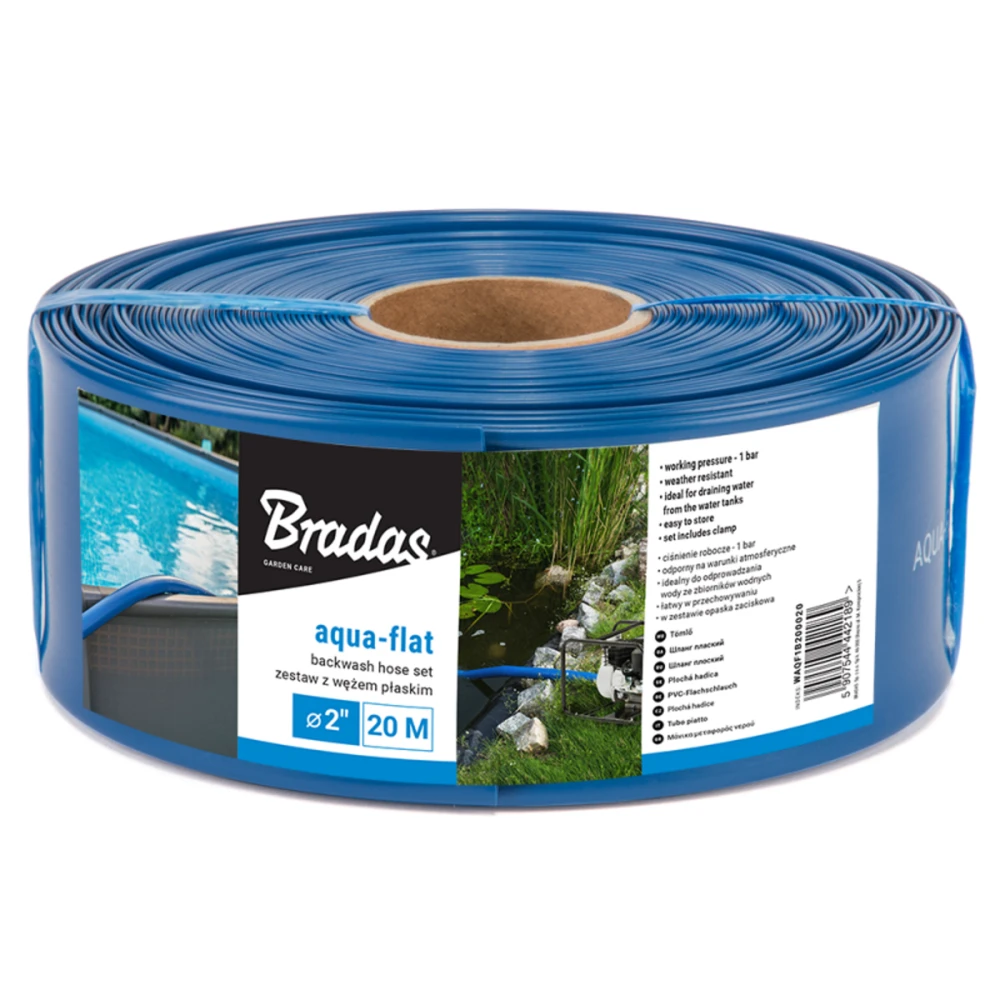 Plokščia vandens žarna Bradas AQUA-FLAT Backwash, PE/EVA, 1 Bar, 2" - 10m