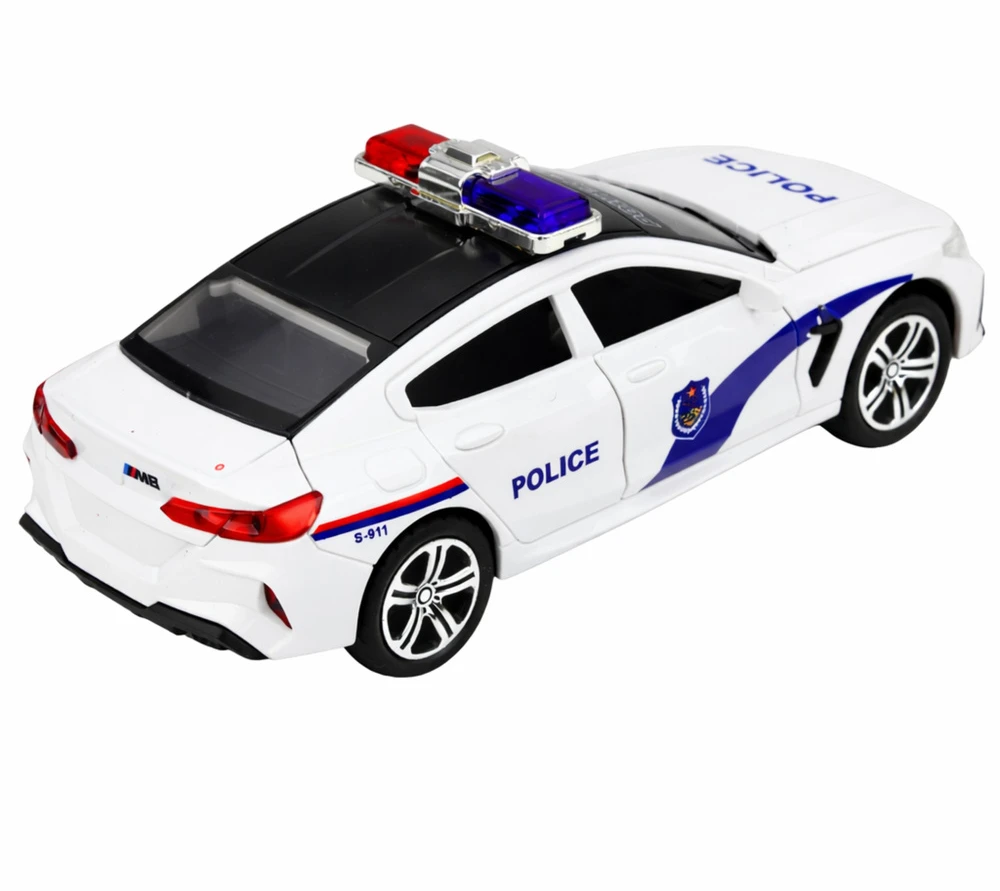 Policijos automobilis su šviesos ir garso efektais, baltas