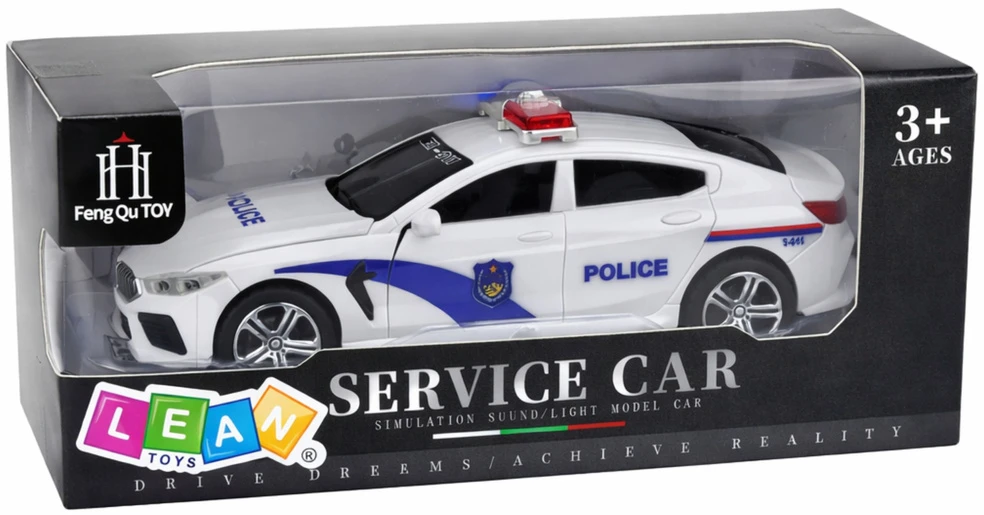 Policijos automobilis su šviesos ir garso efektais, baltas