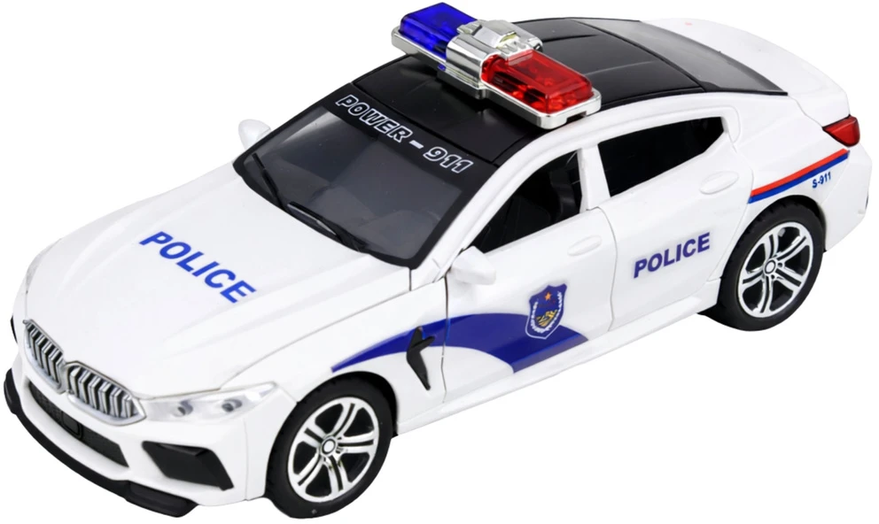 Policijos automobilis su šviesos ir garso efektais, baltas