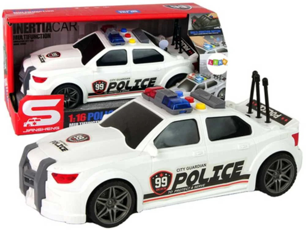 Policijos sportinis automobilis su garsais, baltas