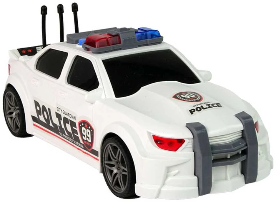Policijos sportinis automobilis su garsais, baltas