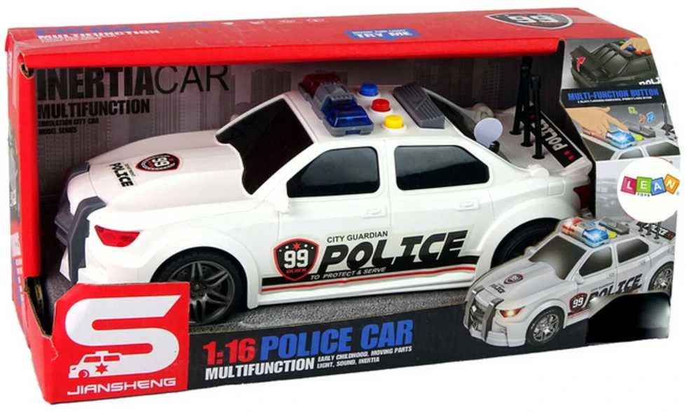 Policijos sportinis automobilis su garsais, baltas