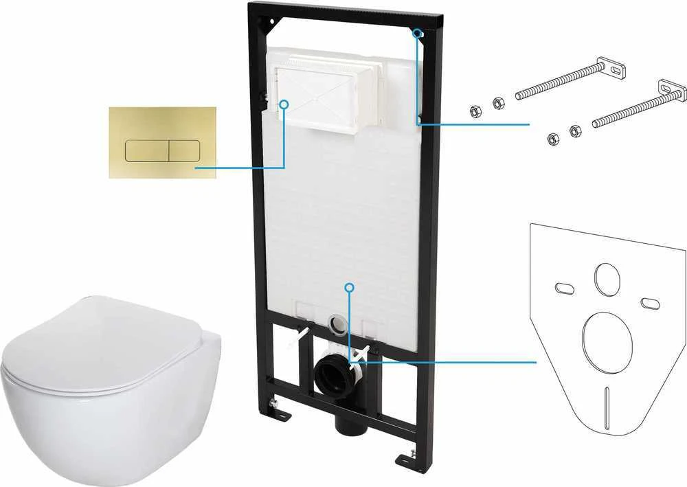 Potinkinis WC komplektas Deante Peonia 6in1, CDER6ZPW, Baltas/Brushed auksinis