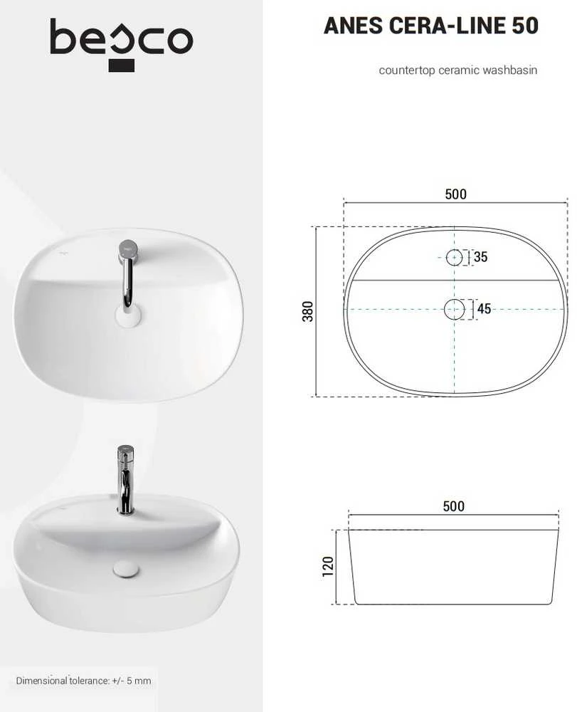 Praustuvas Besco Anes Cera-Line, 50 x 38 x 12 cm, Baltas