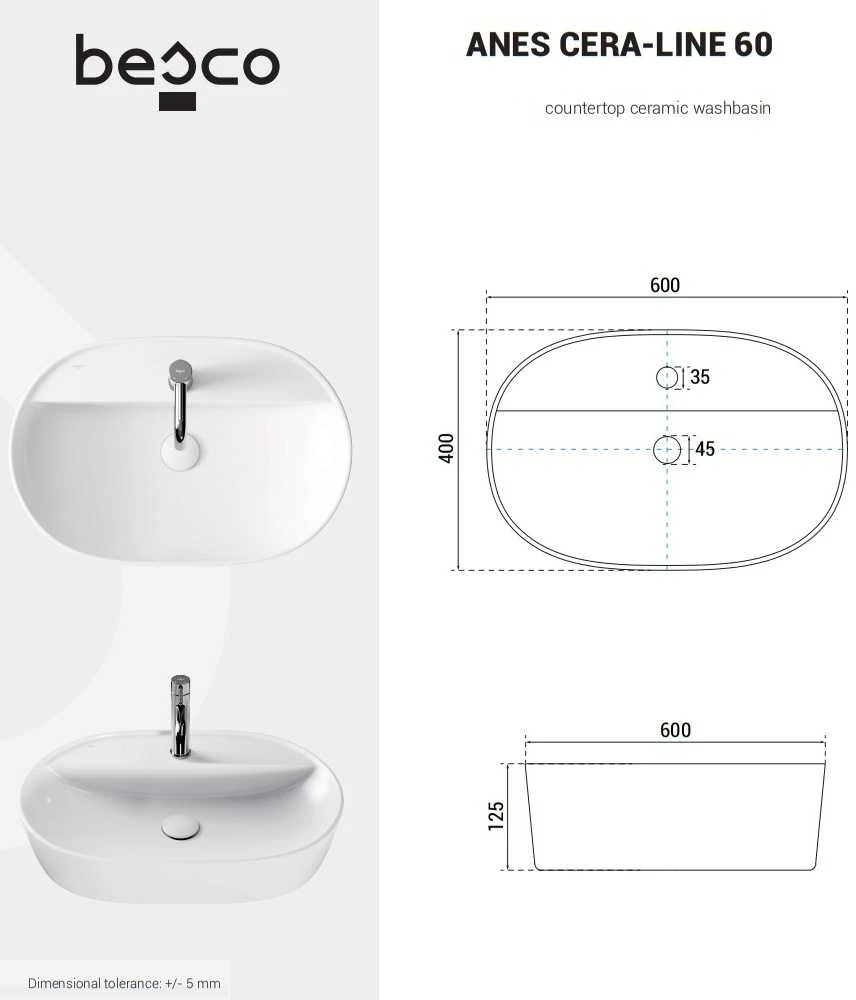 Praustuvas Besco Anes Cera-Line, 60 x 40 x 12.5 cm, Baltas