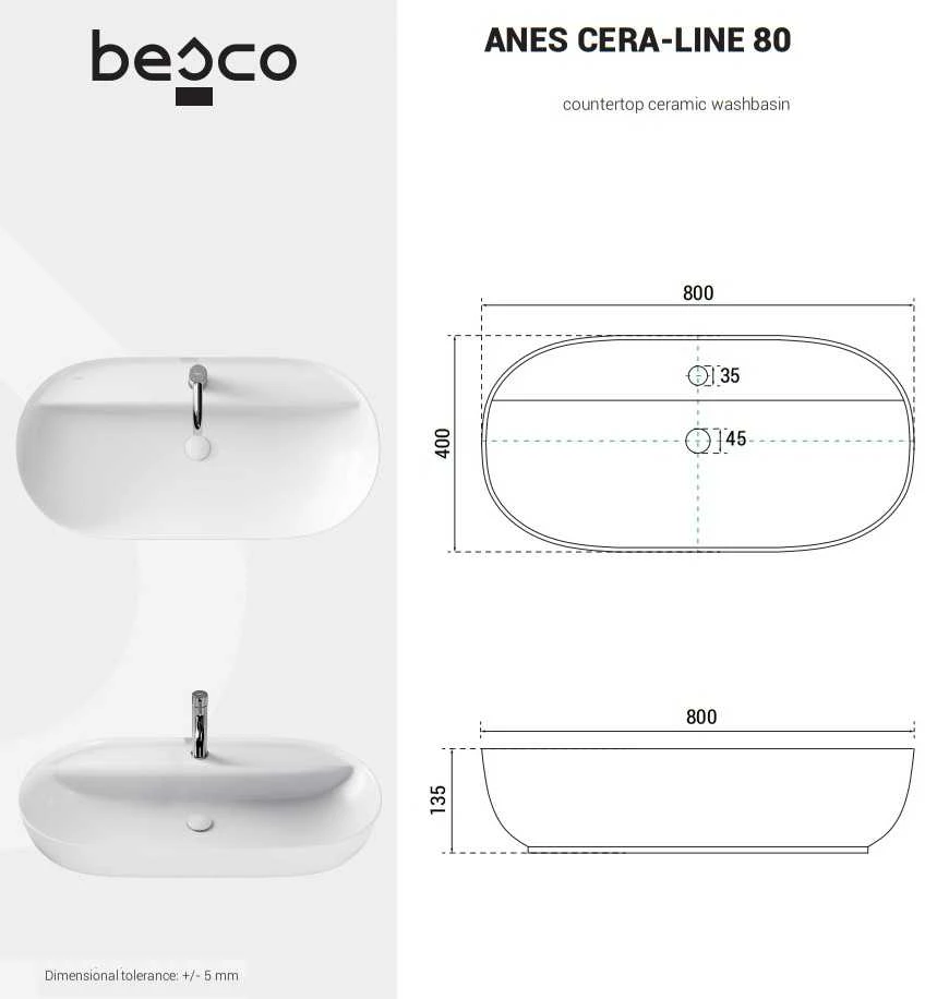Praustuvas Besco Anes Cera-Line, 80 x 40 x 13.5 cm, Baltas