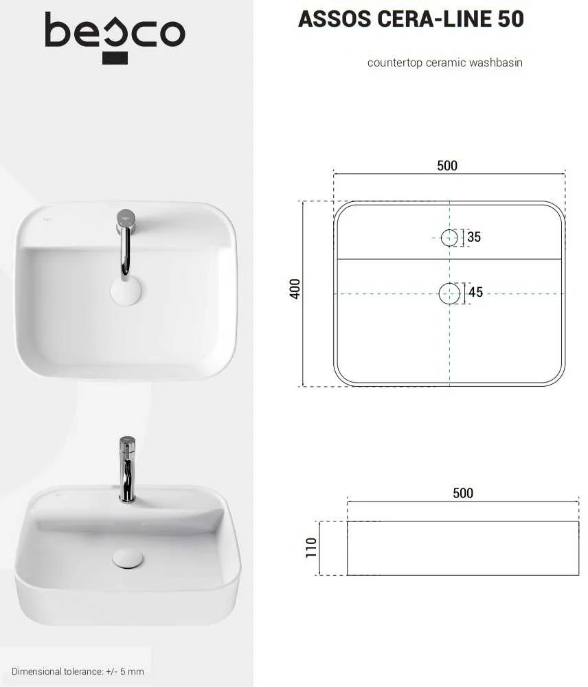 Praustuvas Besco Assos Cera-Line, 50 x 40 x 11 cm, Baltas
