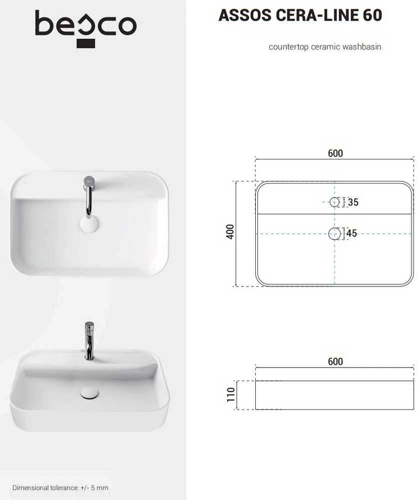 Praustuvas Besco Assos Cera-Line, 60 x 40 x 11 cm, Baltas
