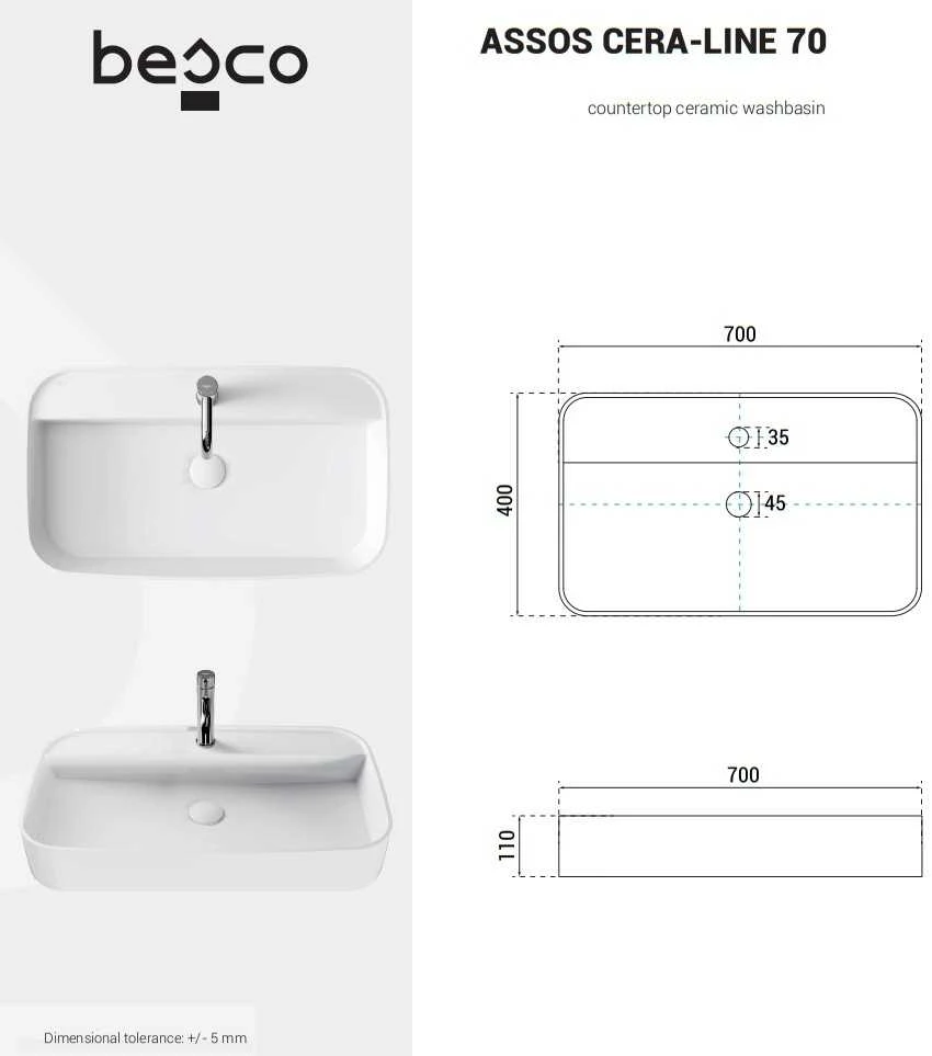 Praustuvas Besco Assos Cera-Line, 70 x 40 x 11 cm, Baltas