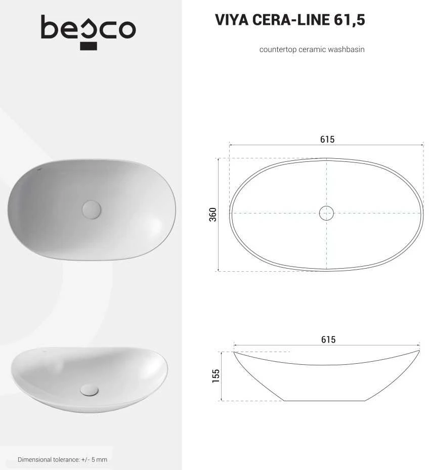 Praustuvas Besco Viya Cera-Line, 61.5 x 36 x 15.5 cm, Baltas