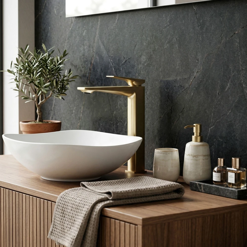 Praustuvo maišytuvas PREMIUM REA Prime High, Brushed Gold