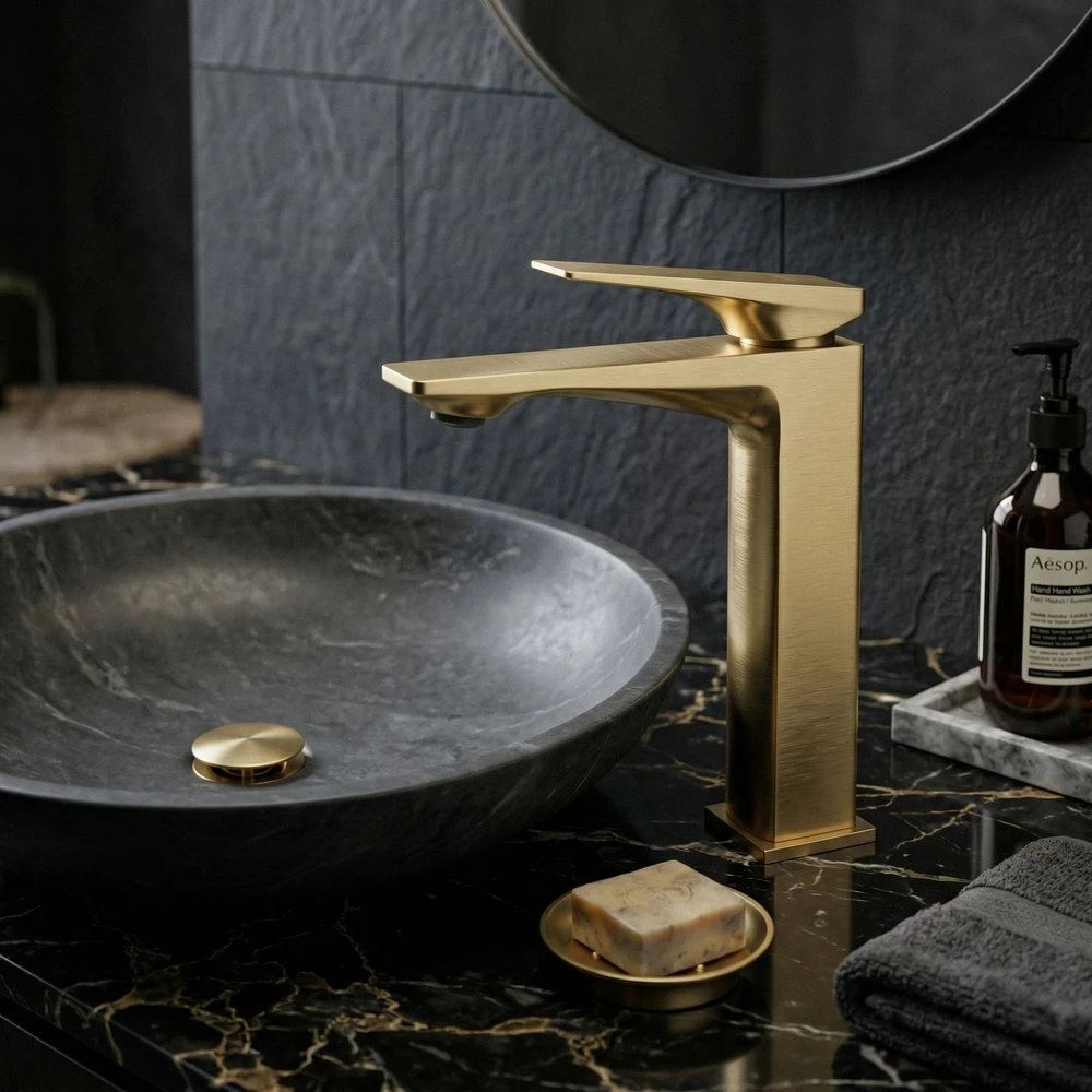 Praustuvo maišytuvas PREMIUM REA Prime Low, Brushed Gold