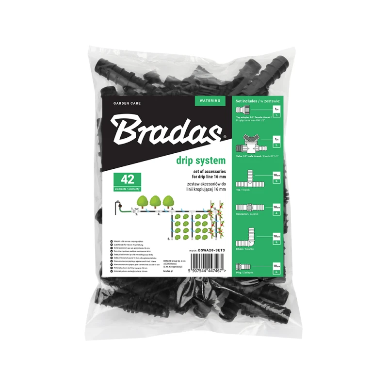 Priedų rinkinys Bradas lašelinio laistymo juostai 16 mm (42 vnt.)