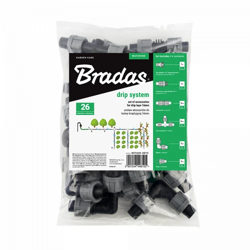 Priedų rinkinys Bradas lašelinio laistymo juostai 16 mm (26 vnt.)