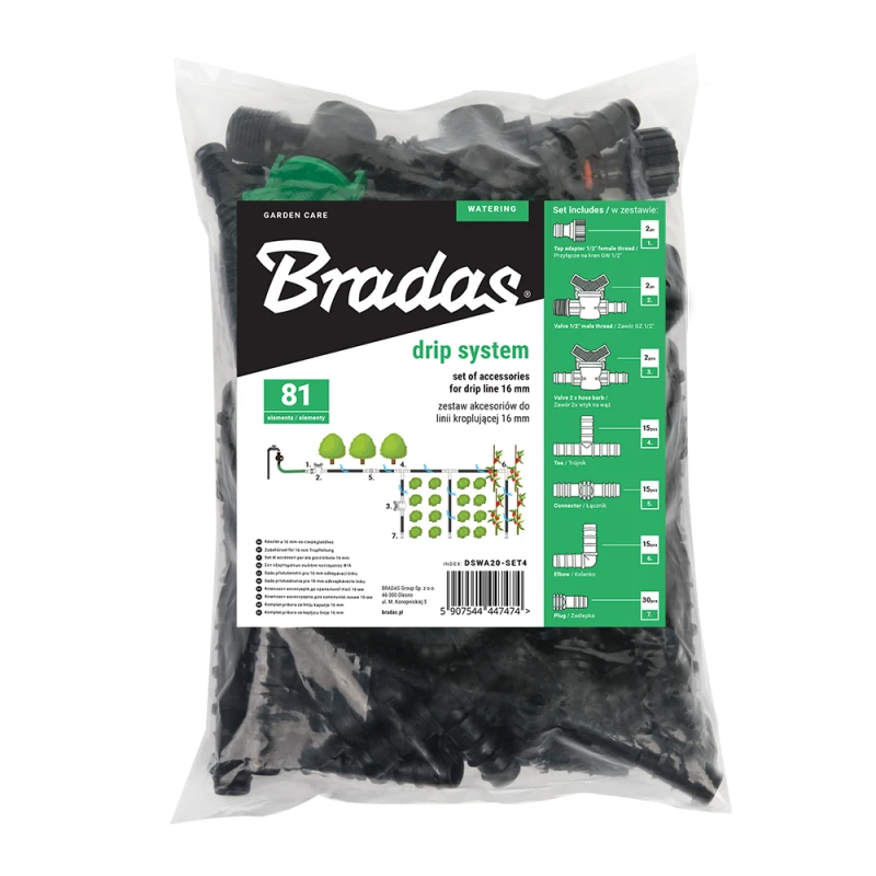 Priedų rinkinys Bradas lašelinio laistymo juostai 16 mm (81 vnt.)