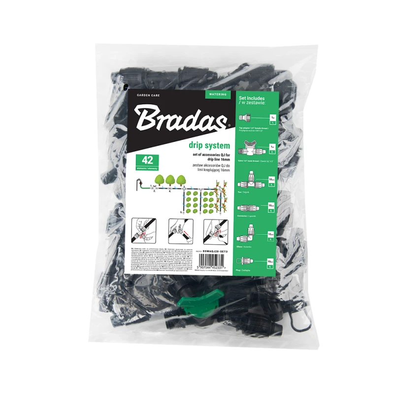 Priedų rinkinys Bradas QJ lašelinio laistymo juostai 16 mm (42 vnt.)