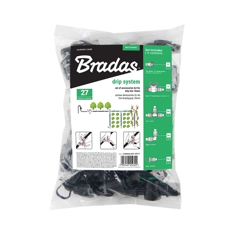 Priedų rinkinys Bradas QJ lašelinio laistymo juostai 16 mm (27 vnt.)