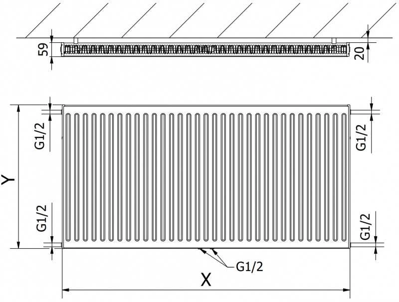 Radiatorius Mexen CC11, 600 x 1000 mm, pajungimas iš apačios per vidurį, 933 W, baltas