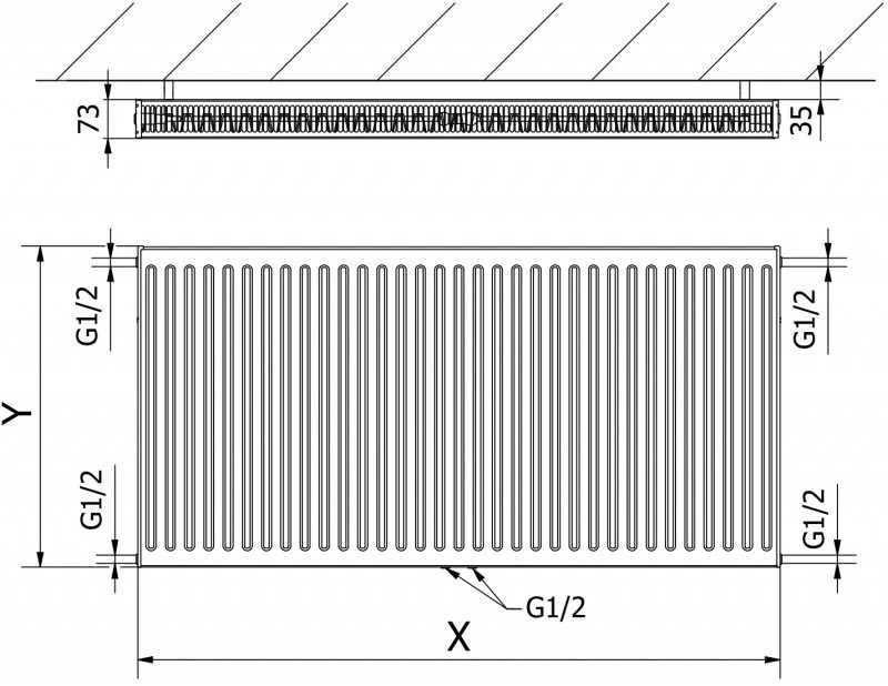 Radiatorius Mexen CC21, 500 x 500 mm, pajungimas iš apačios per vidurį, 554 W, antracito