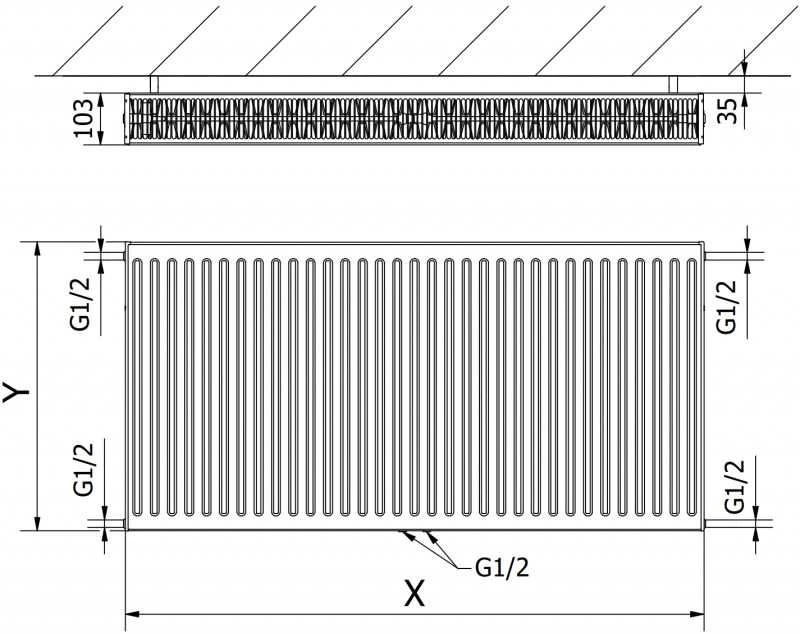 Radiatorius Mexen CC22, 600 x 2000 mm, pajungimas iš apačios per vidurį, 3305 W, antracito