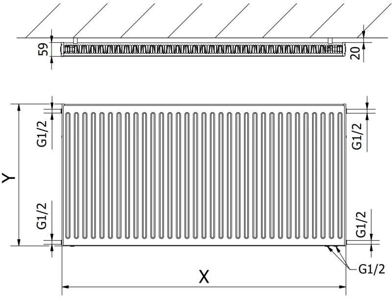 Radiatorius Mexen CV11, 300 x 1500 mm, pajungimas iš apačios, 733 W, juodas