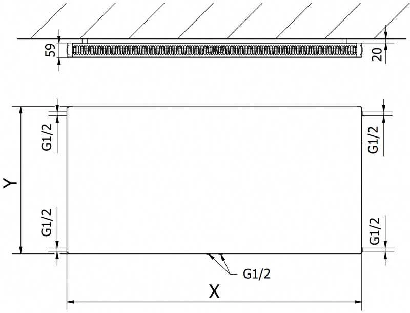 Radiatorius Mexen Flat CCF11, 600 x 1300 mm, pajungimas iš apačios per vidurį, 1018 W, baltas