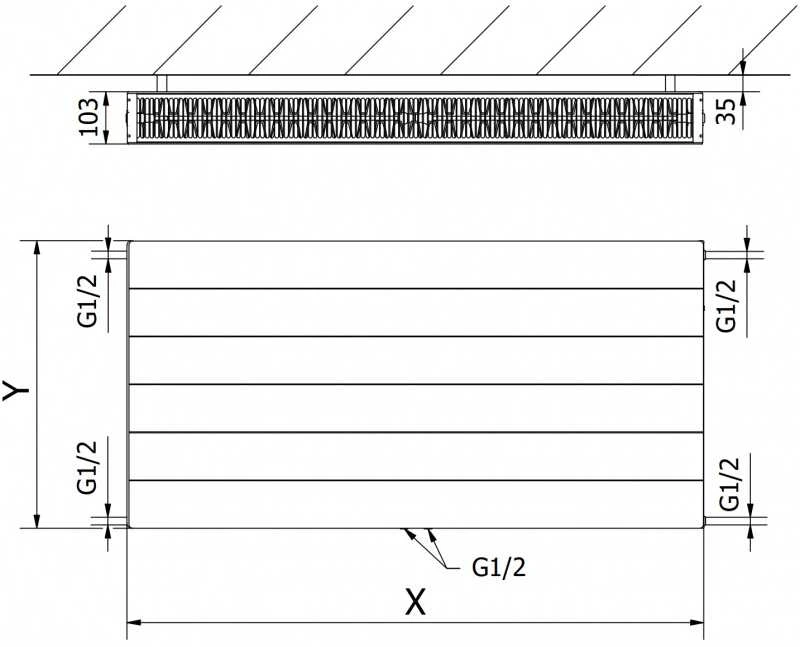 Radiatorius Mexen Line CCL22, 300 x 2000 mm, pajungimas iš apačios per vidurį, 1801 W, baltas