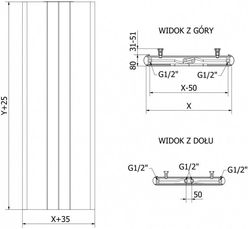 Radiatorius Mexen Line VR20SL, 1400 x 300 mm, pajungimas iš apačios per vidurį, 534 W, juodas