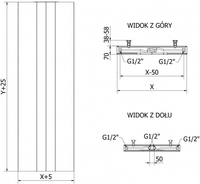 Radiatorius Mexen Line VS20SL, 1800 x 600 mm, pajungimas iš apačios per vidurį, 1308 W, juodas